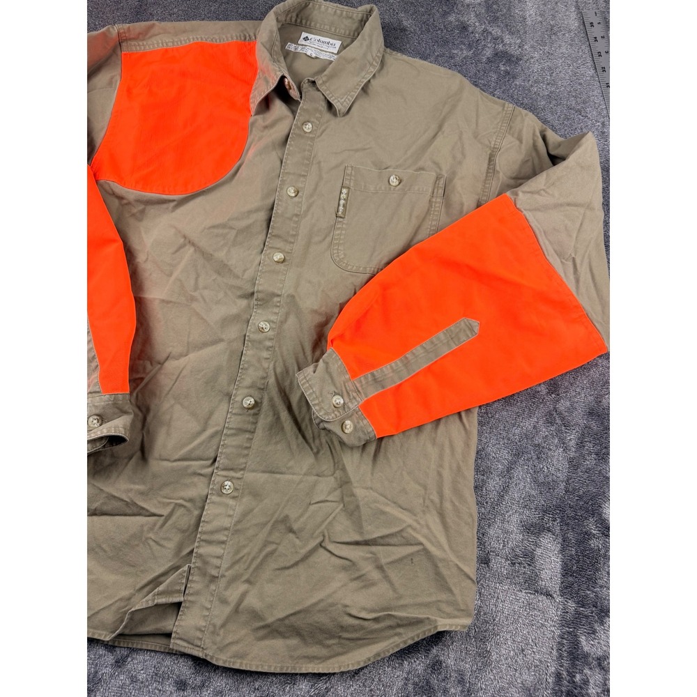 Columbia Mens Hunting Shirt Khaki Blaze Orange Shooting Patch Large L Canvas